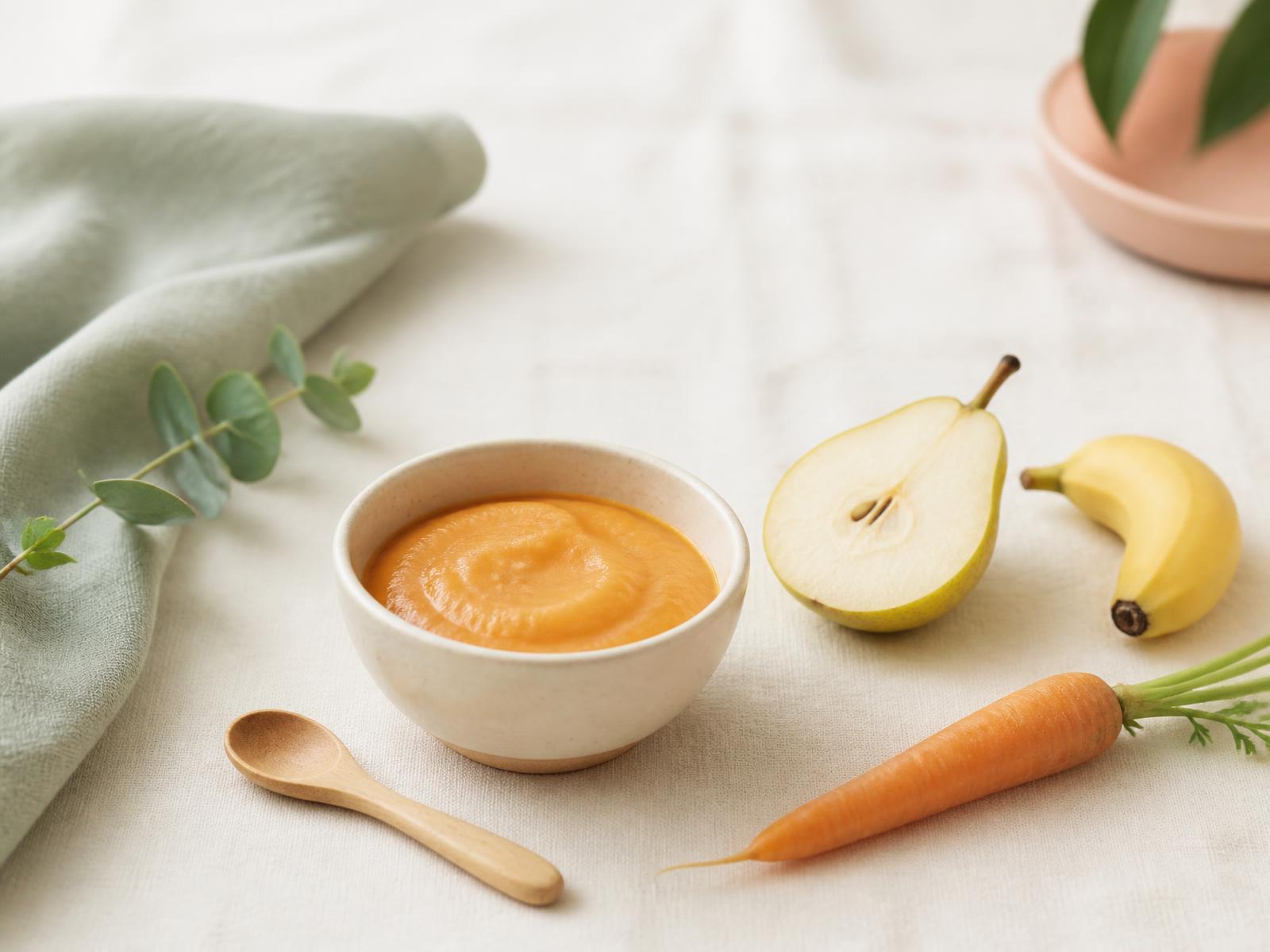 Bowl de purê com frutas e legumes sobre mesa clara